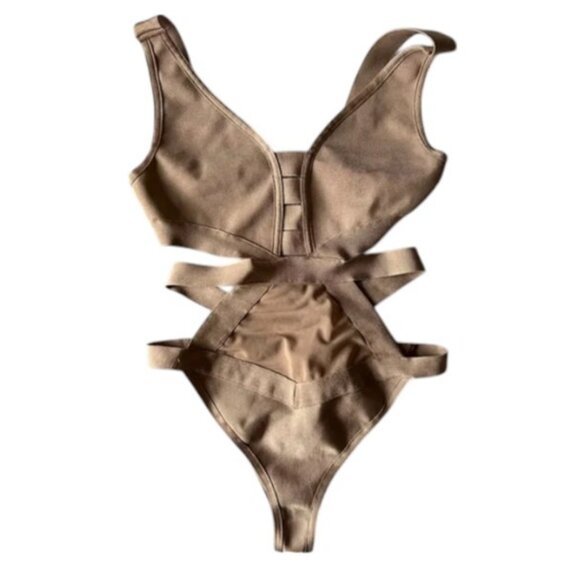 WOW Couture tan bandage-style one-piece swimsuit/bodysuit size M - Picture 1 of 6